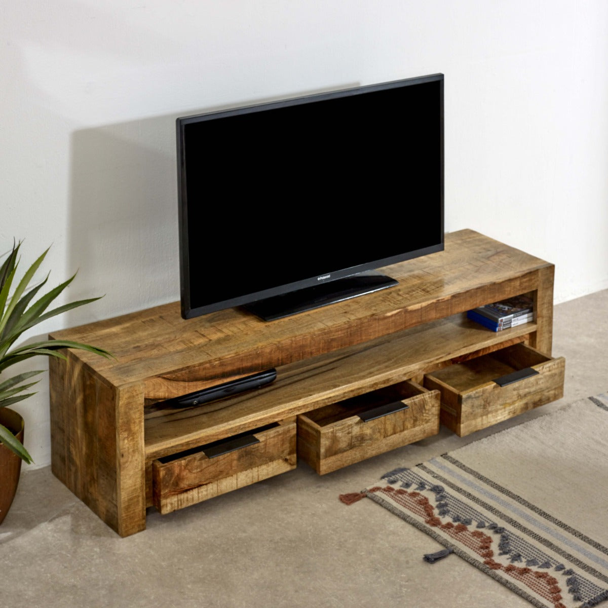 Surrey solid wood large TV cabinet with 3 drawers, rustic finish