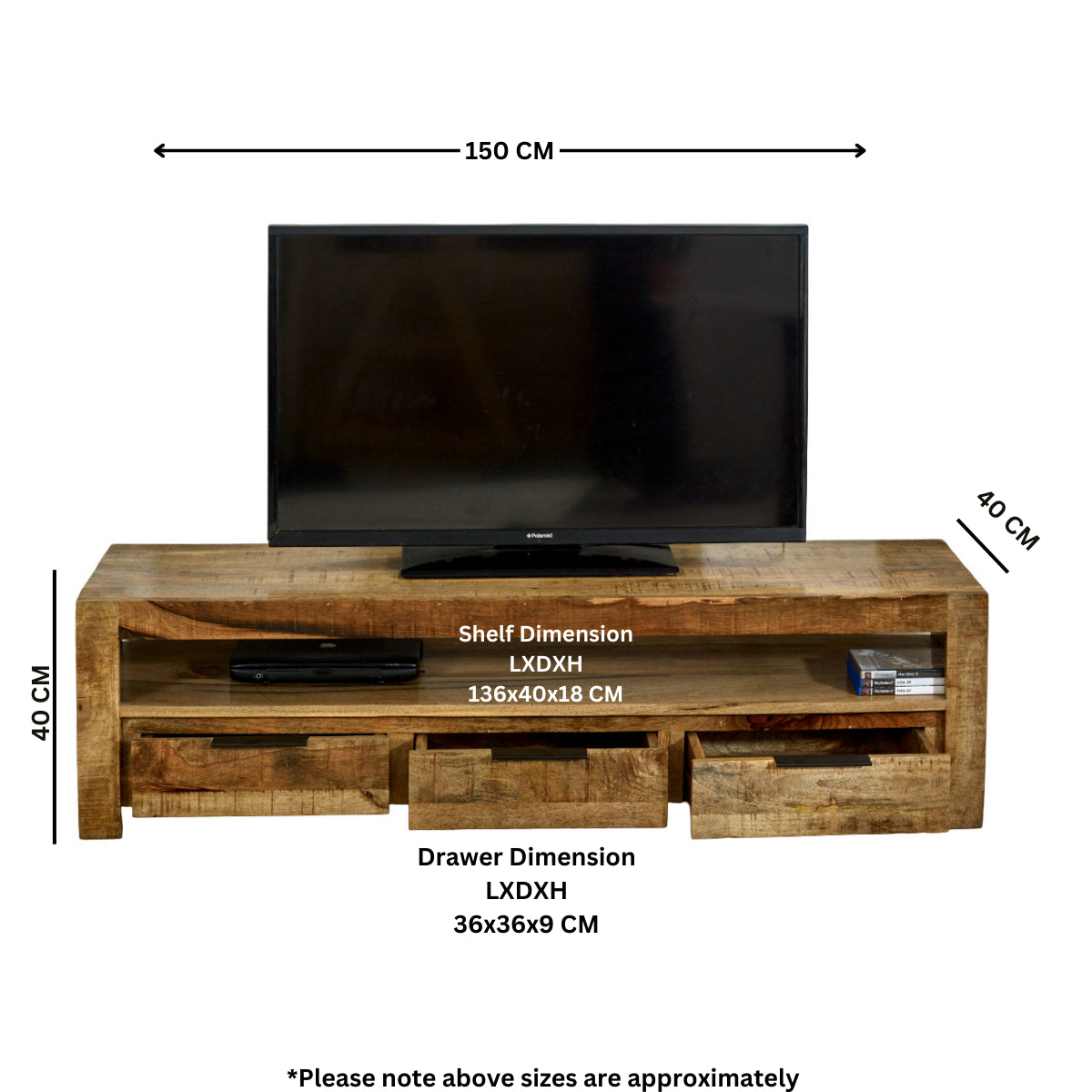 Surrey solid wood large TV cabinet with 3 drawers, rustic finish