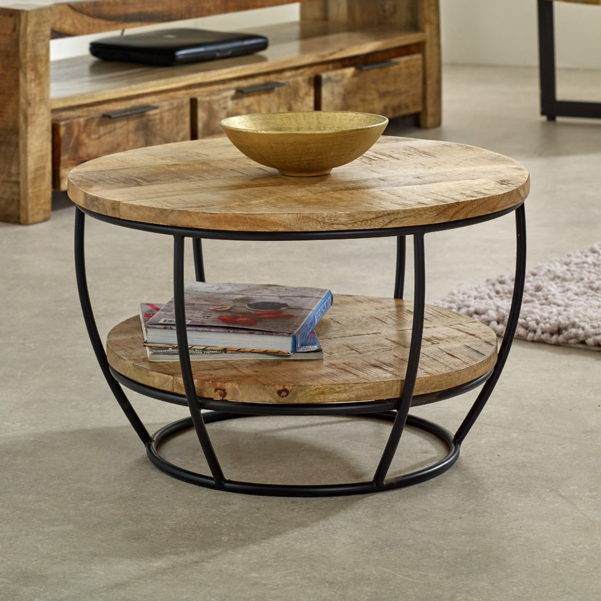 Surrey solid wood and metal coffee table with shelf, featuring a natural finish and sturdy design