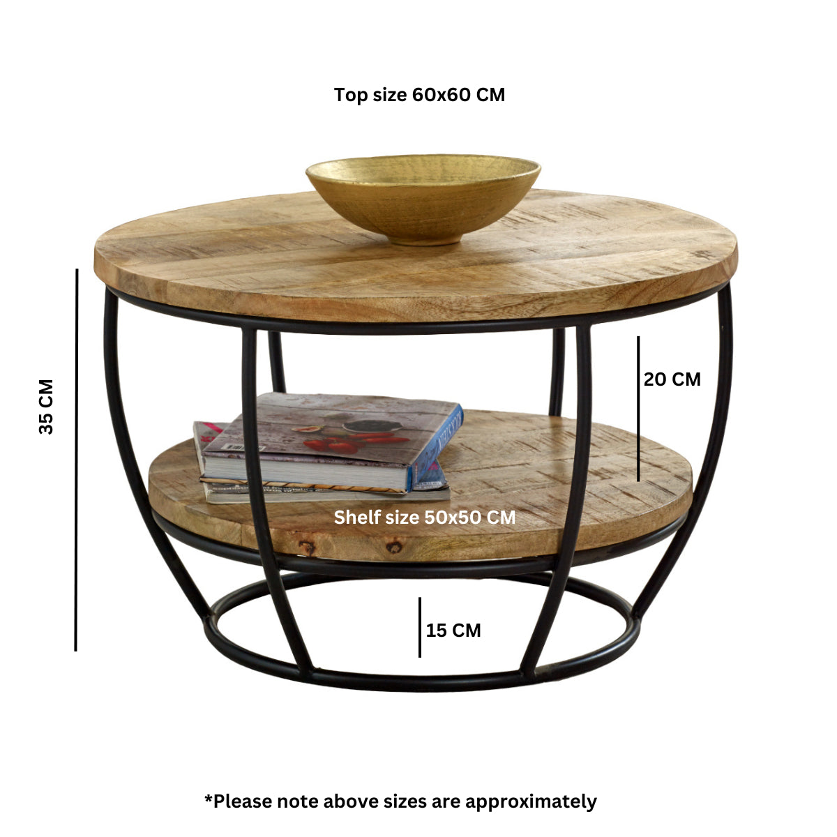 Surrey solid wood and metal coffee table with shelf, featuring a natural finish and sturdy design