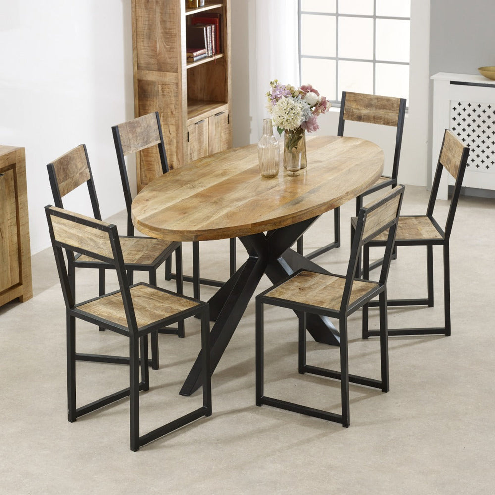 Surrey solid wood oval dining table with metal legs, rustic style