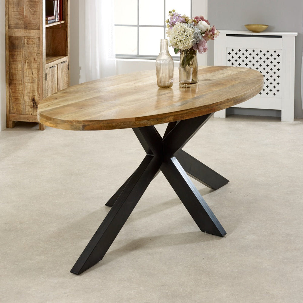 Surrey solid wood oval dining table with metal legs, rustic style