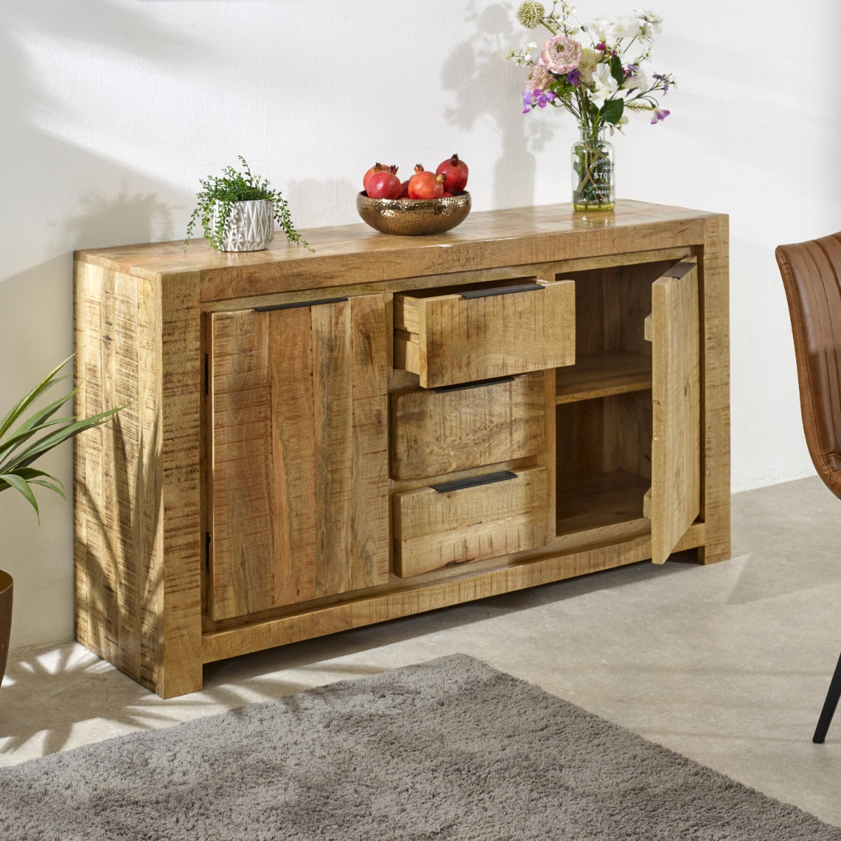Surrey solid wood large sideboard with 2 doors and 3 drawers in rustic finish