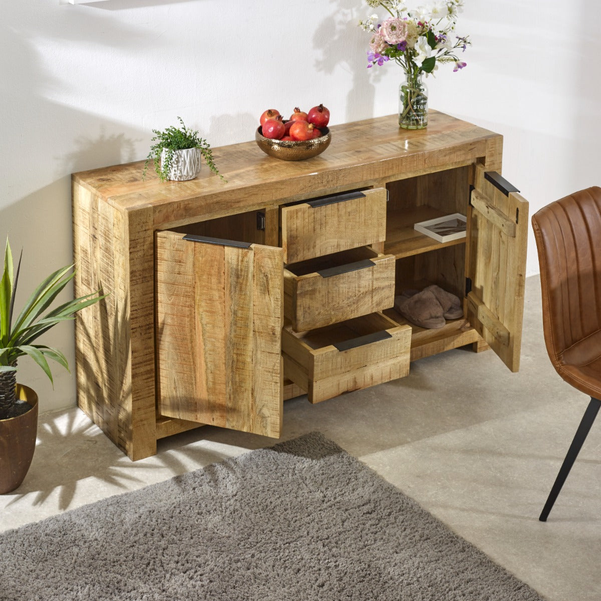 Surrey solid wood large sideboard with 2 doors and 3 drawers in rustic finish