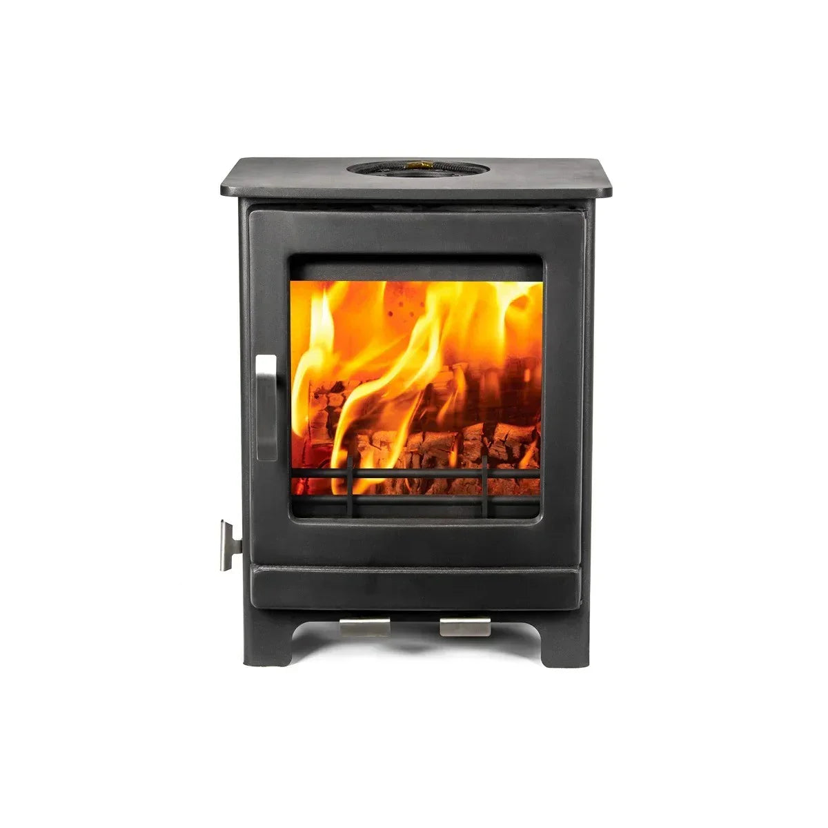 Black freestanding wood burning stove with glass door showing fire and logs inside