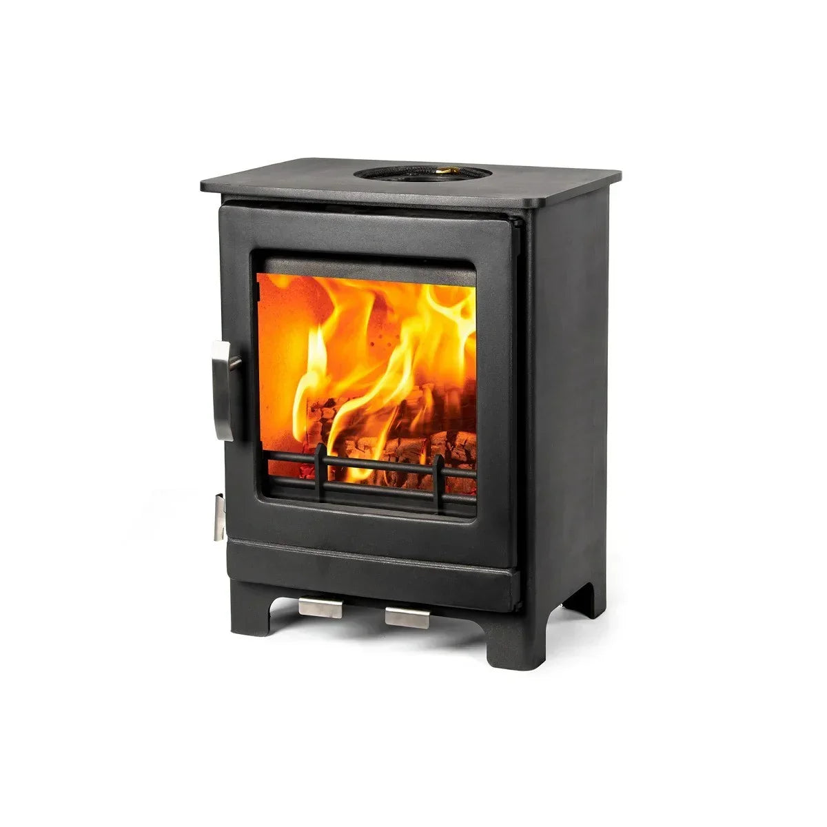 black wood burning stove with glass door showing burning firewood, left side view