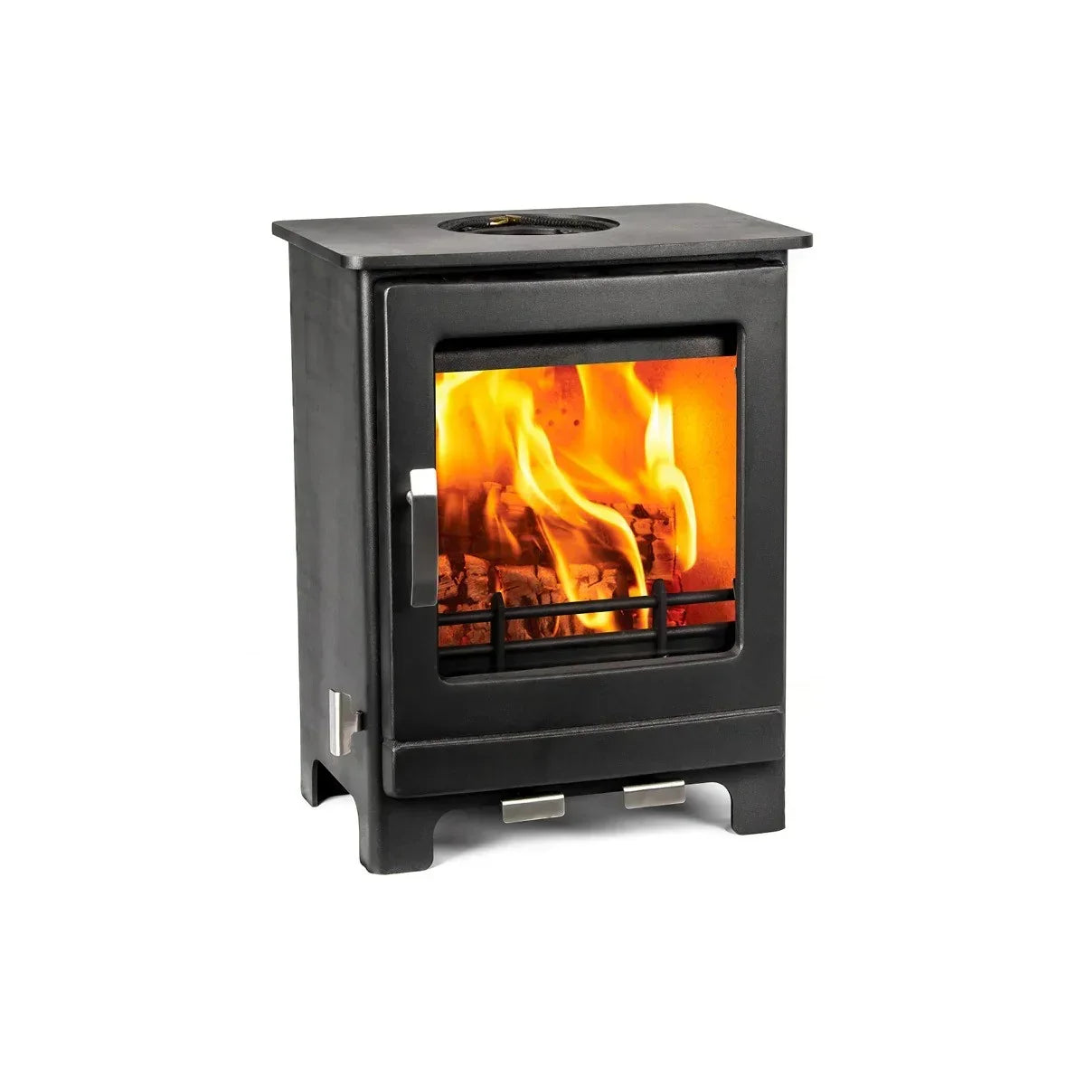 Black cast iron wood burning stove with glass door showing active fire, right side view