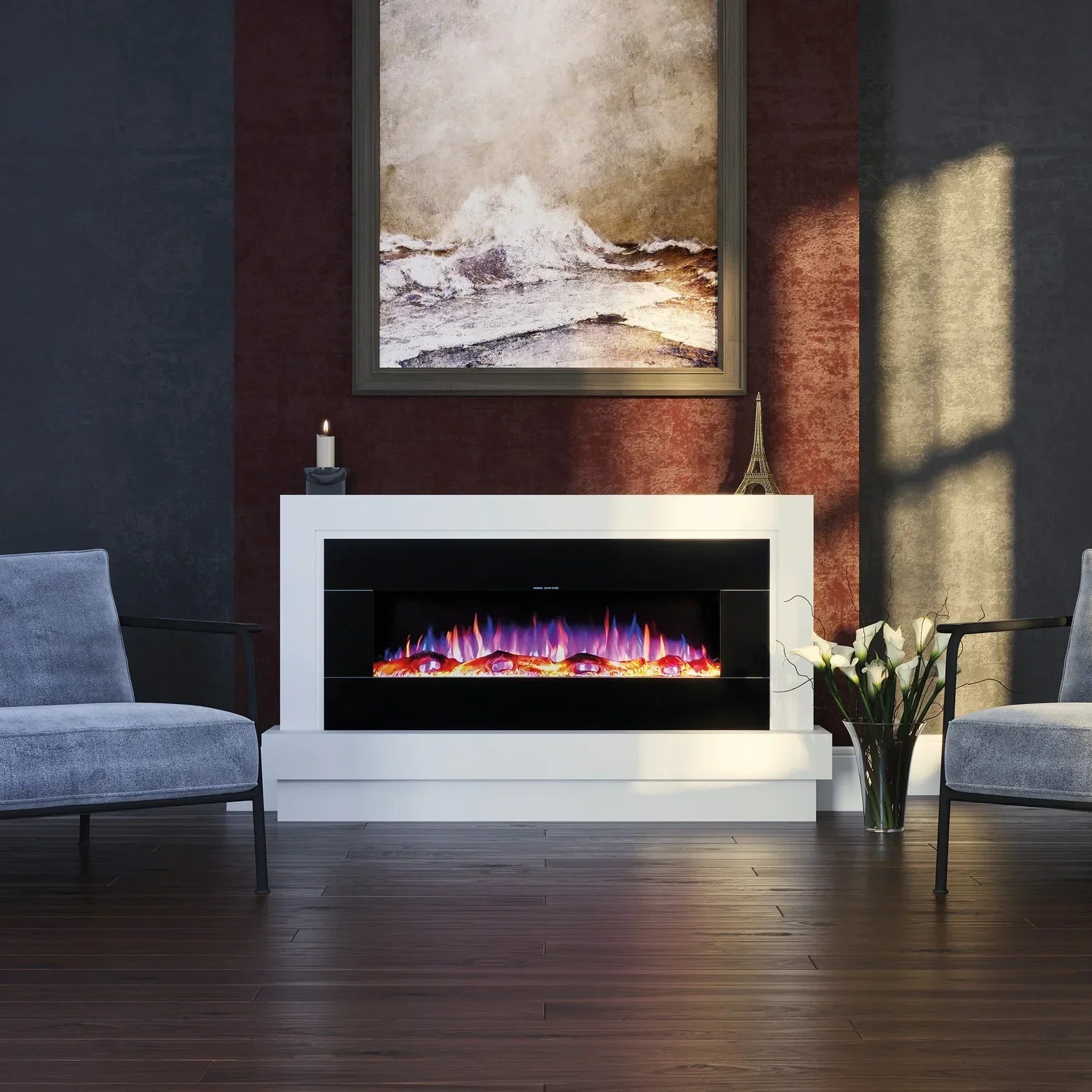 Zara Suite electric fireplace with colorful flames in modern living room setting