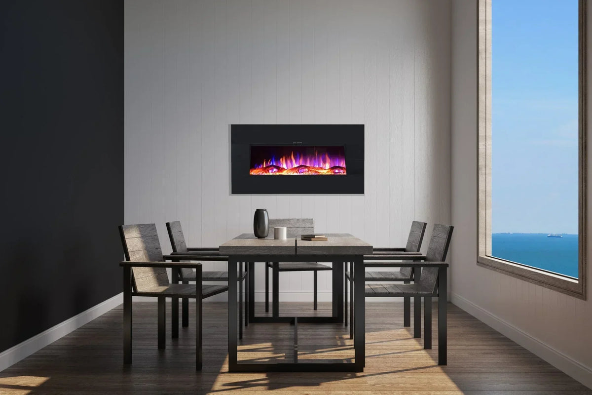 Modern dining table with four wooden chairs in a minimalist room, wall-mounted electric fire