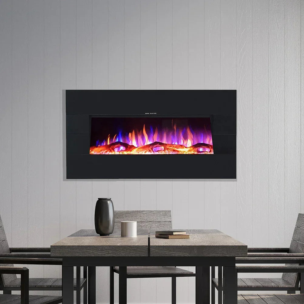 Wall mounted electric fireplace with colorful flames above modern dining table set