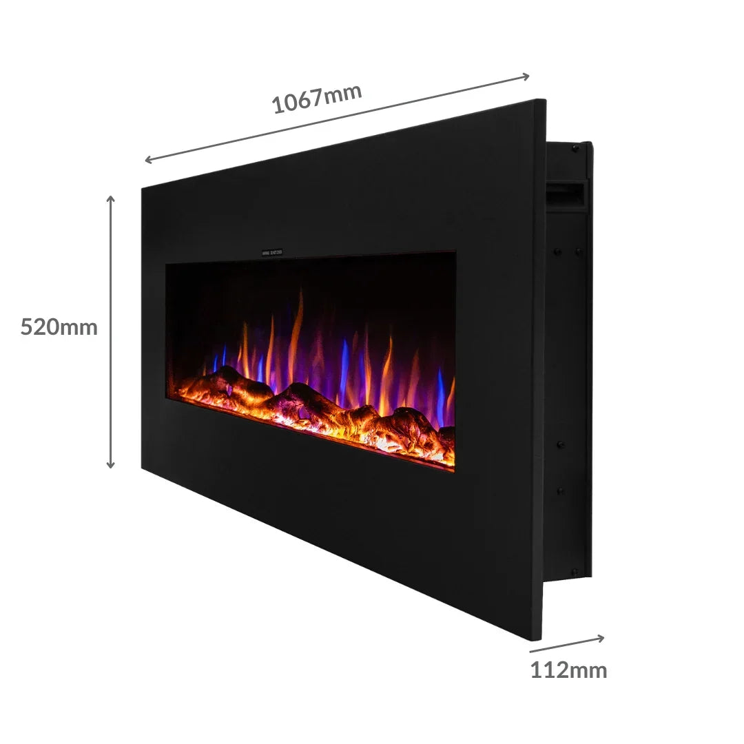 Black electric fireplace wall mounted, glowing LED flames, measurements shown in millimetres
