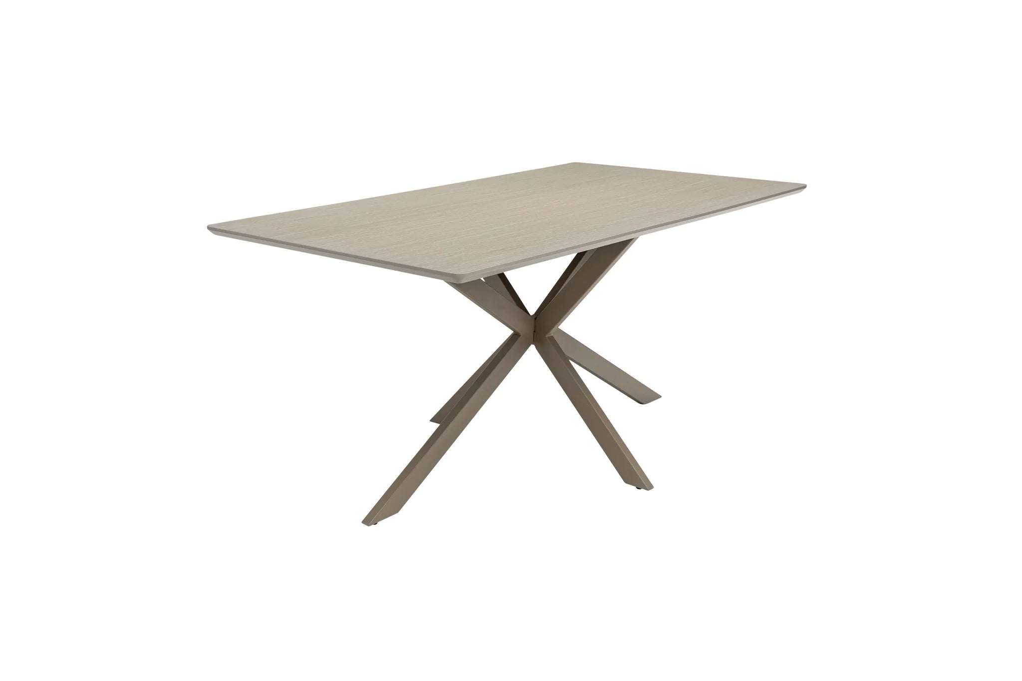Beige dining table with a unique X-shaped base on a white background