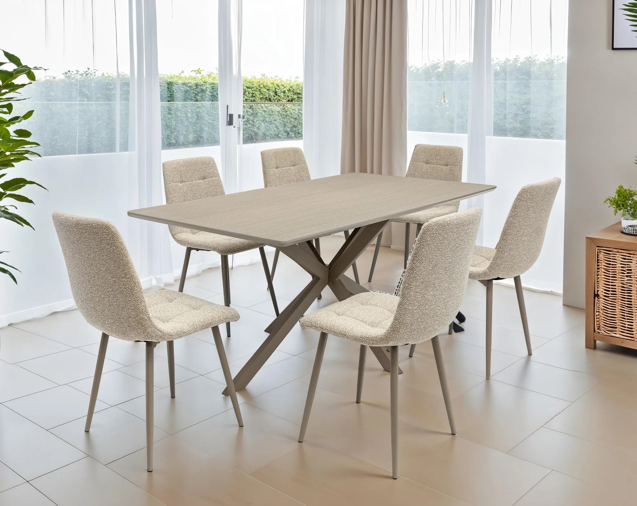 A modern 5-piece dining set featuring a rectangular light beige table with a geometric metal base and four textured cream bouclé chairs, shown in a bright, contemporary dining room.