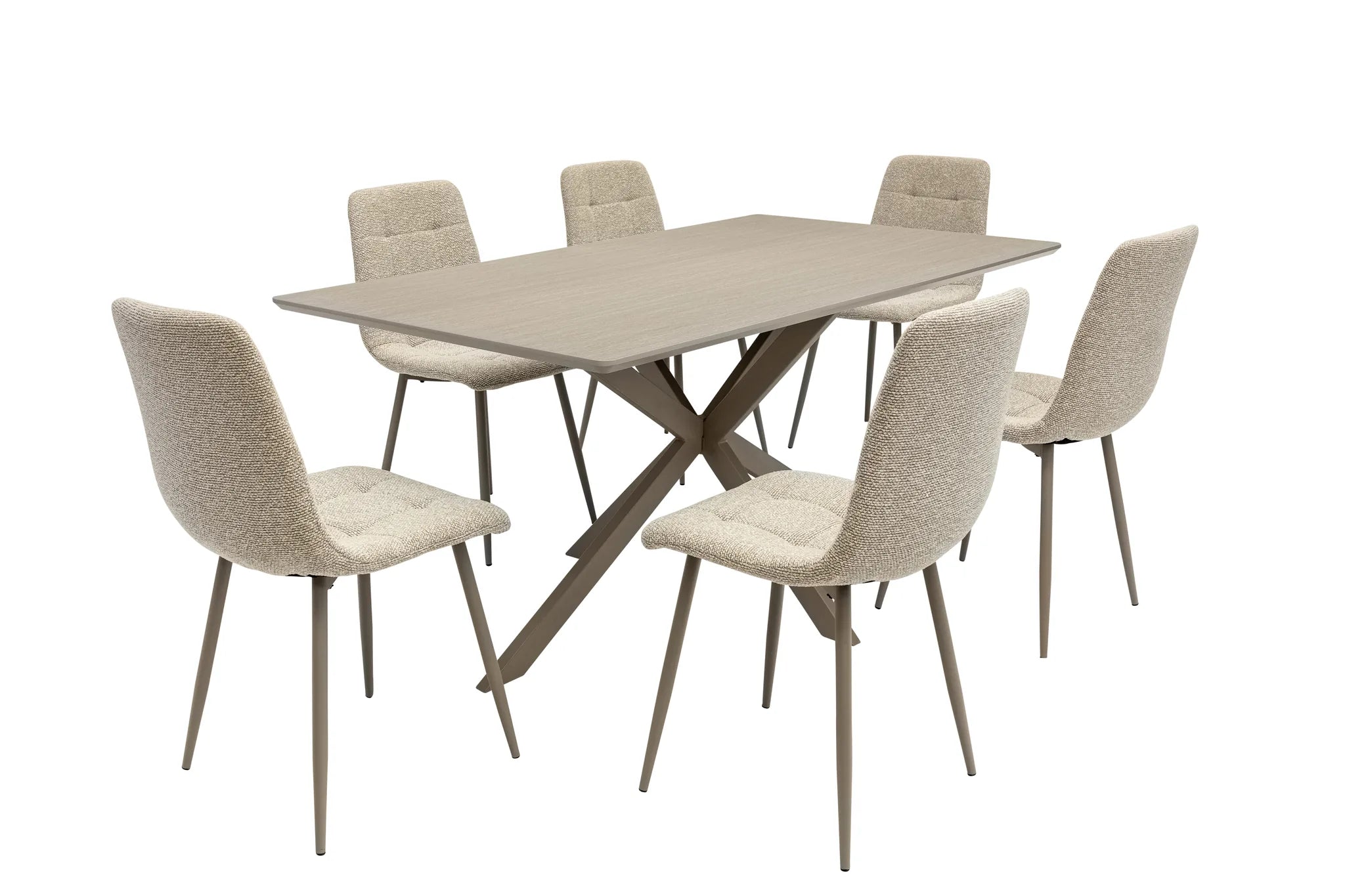 A 6-piece dining set featuring a rectangular light gray wood table with a sculptural X-cross base and six upholstered dining chairs in a textured beige bouclé fabric with slim gray metal legs.