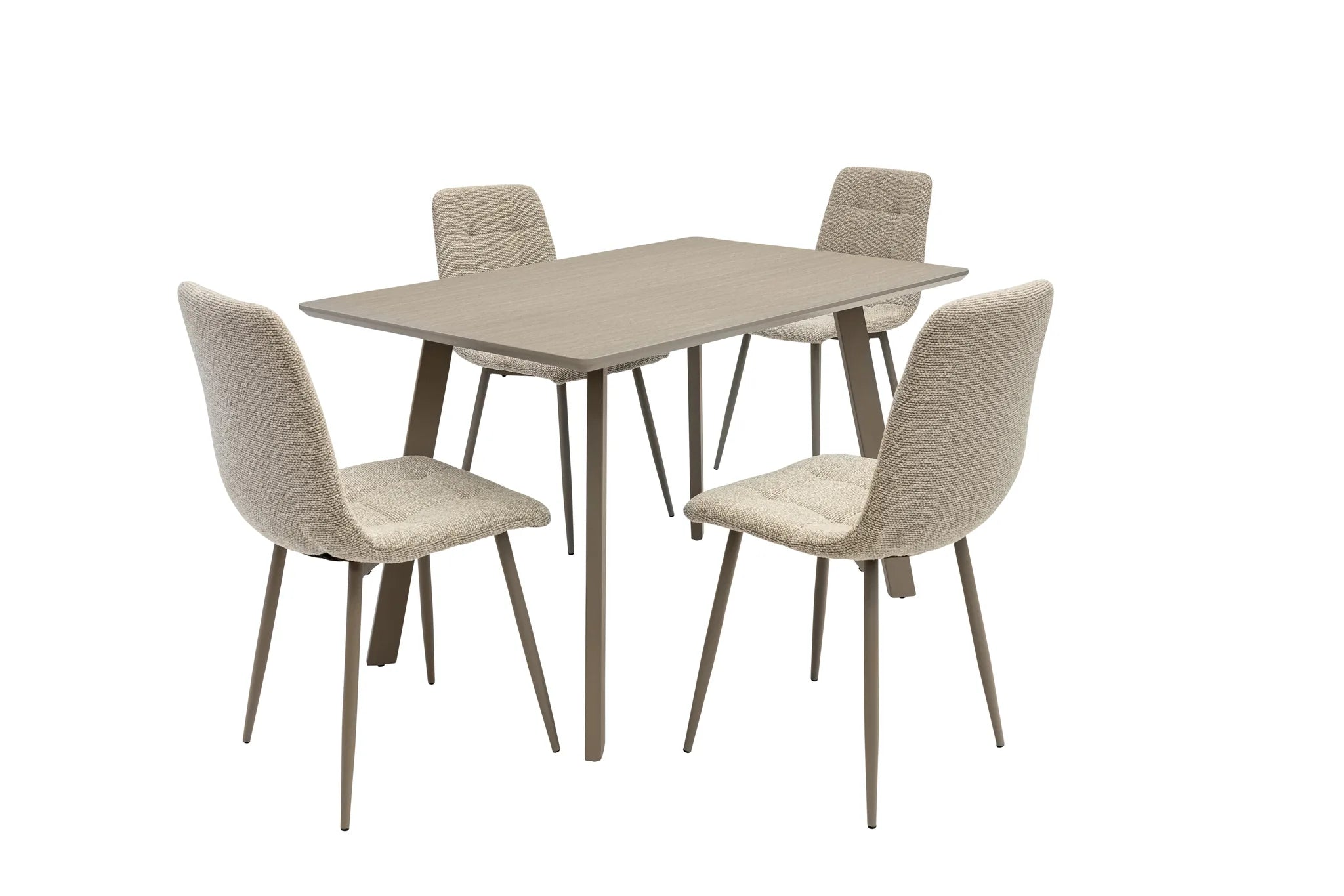 A 4-piece dining set featuring a rectangular table with a gray-brown wood grain top and slim dark metal legs, accompanied by four upholstered dining chairs in a textured beige bouclé fabric with matching dark metal legs.