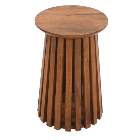 Slatted round side table made from natural mango wood