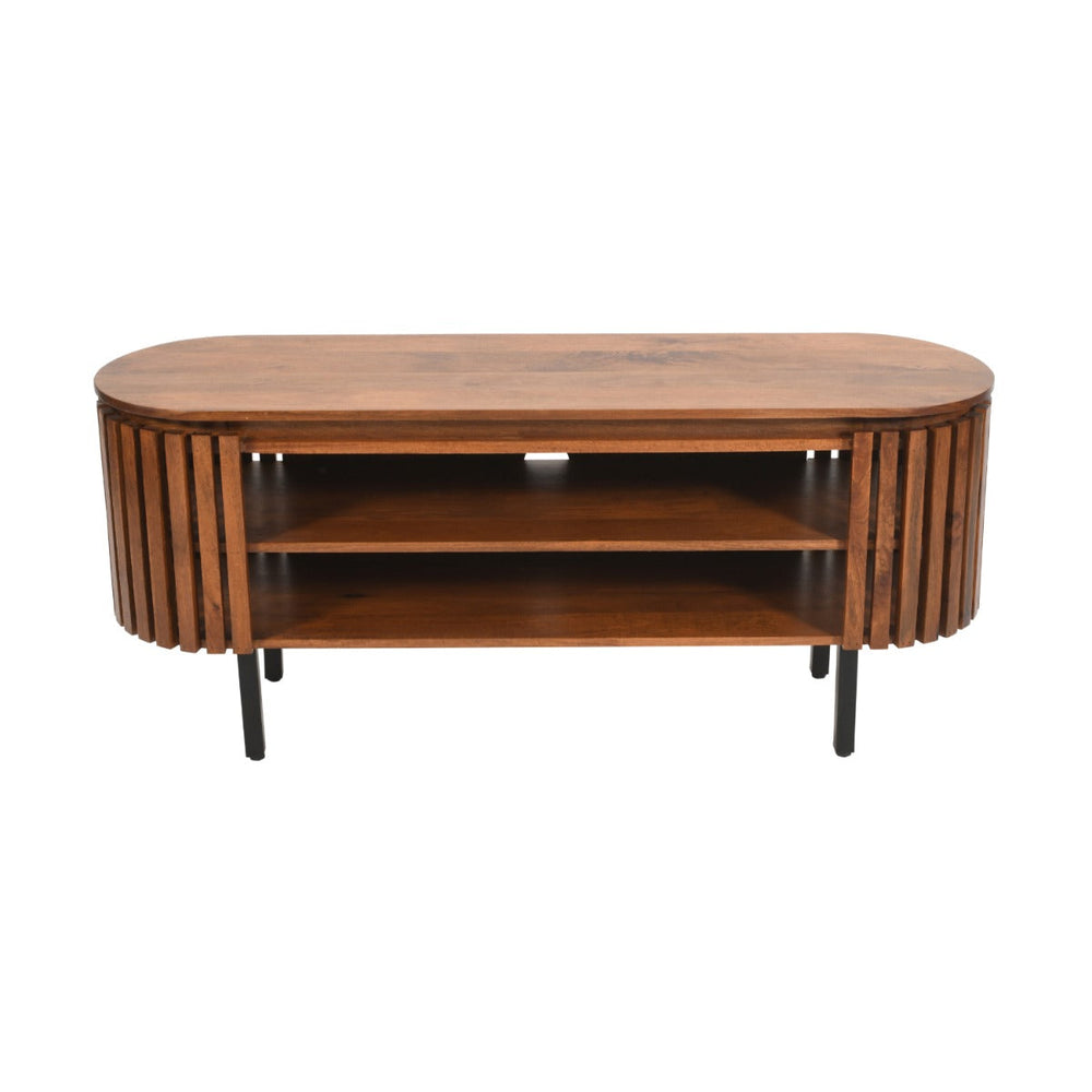 Rustic slatted mango wood TV cabinet with a lacquered finish