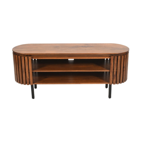 Rustic slatted mango wood TV cabinet with a lacquered finish