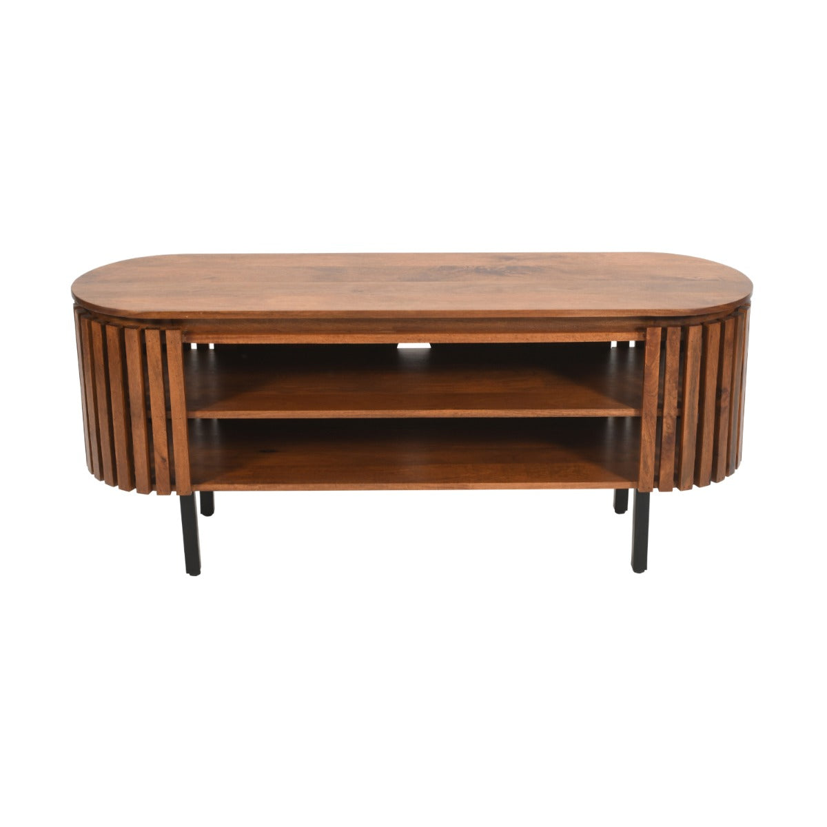 Rustic slatted mango wood TV cabinet with a lacquered finish