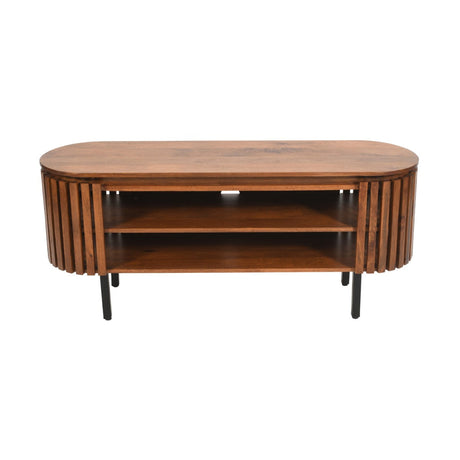 Rustic slatted mango wood TV cabinet with a lacquered finish