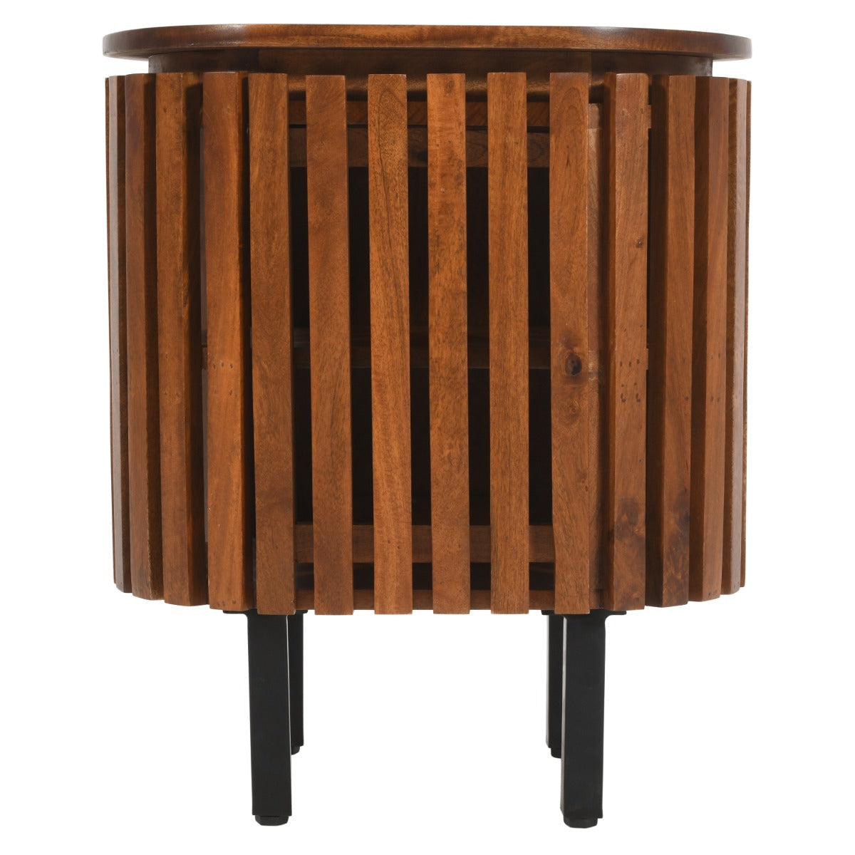 Slatted mango wood bedside table with sleek design and lacquered finish