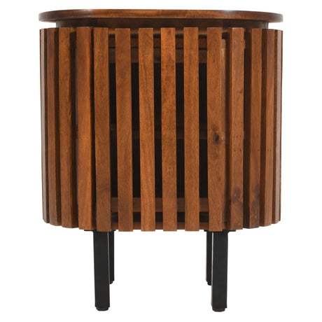 Slatted mango wood bedside table with sleek design and lacquered finish