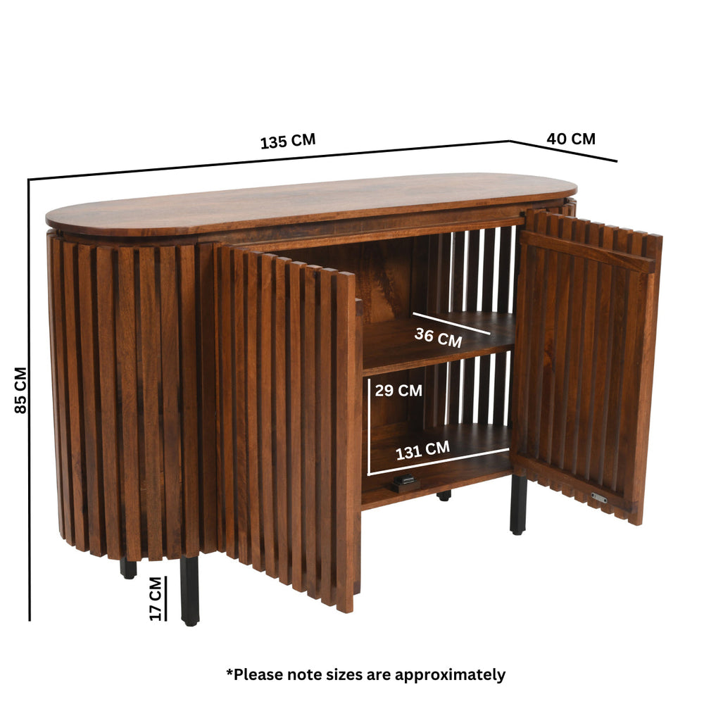 Modern slatted mango wood sideboard with metal legs