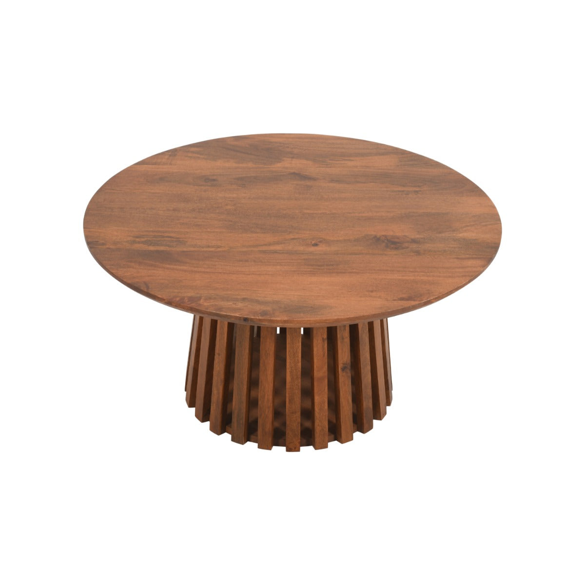 Round slatted coffee table made from sustainably sourced mango wood