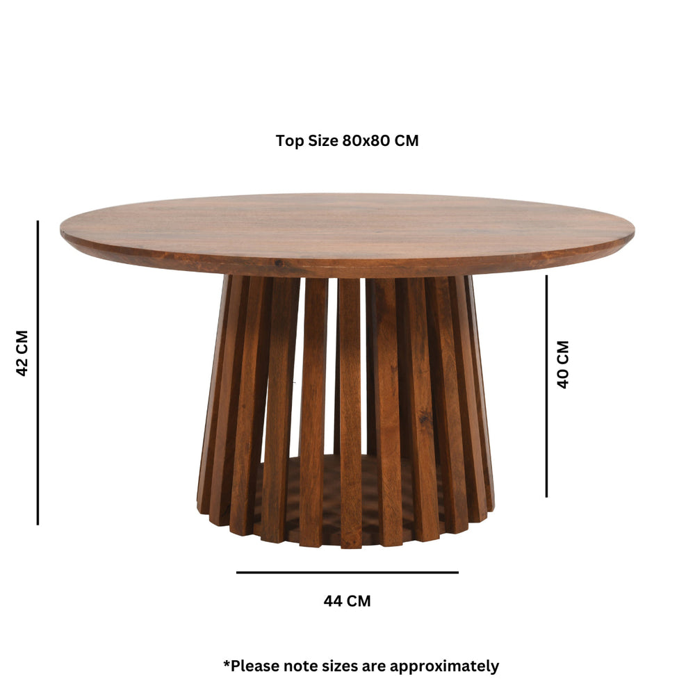 Round slatted coffee table made from sustainably sourced mango wood