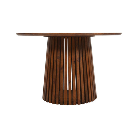 Stylish slatted mango wood round dining table in a modern setting
