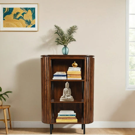 Premium slatted mango wood bookcase with metal legs