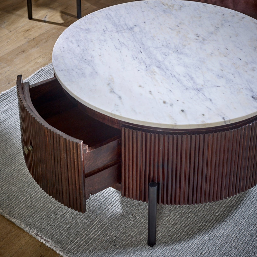 Opal round coffee table with marble top and fluted mango wood surround