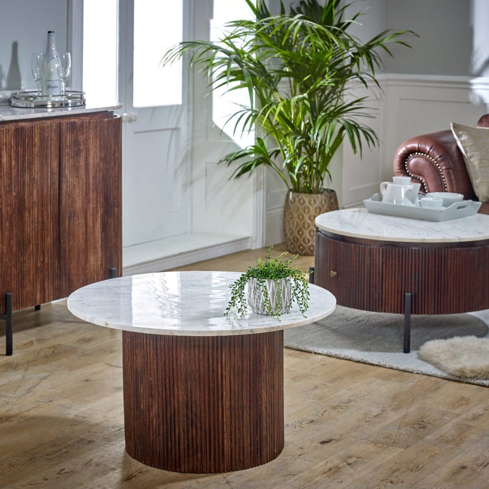 Opal round coffee table with marble top and fluted mango wood surround