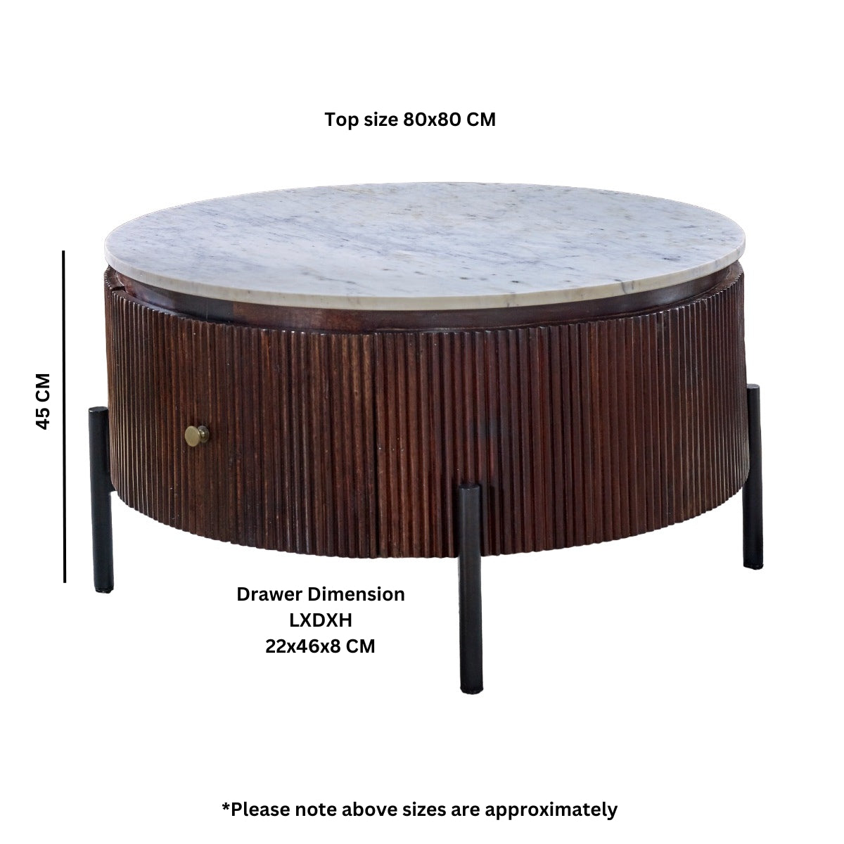 Opal round coffee table with marble top and fluted mango wood surround