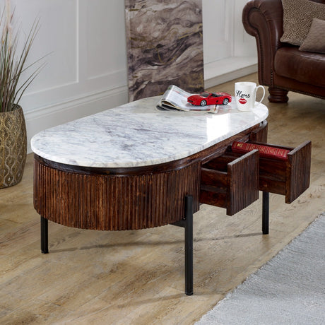 Opal Mango Wood rectangular coffee table with marble top and metal legs