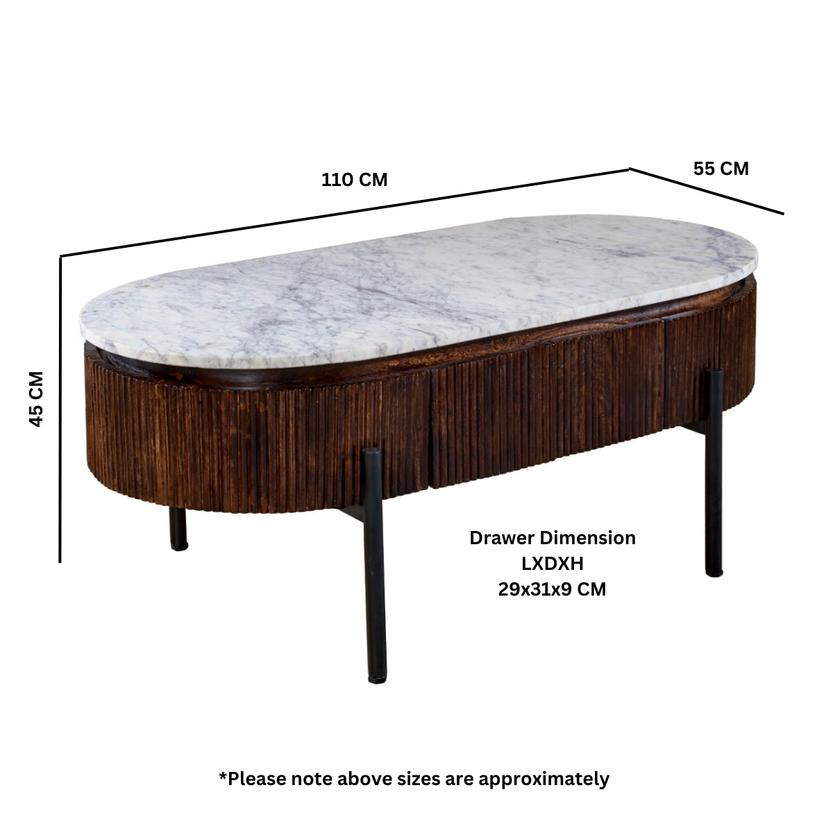 Opal Mango Wood rectangular coffee table with marble top and metal legs