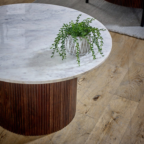 Opal coffee table made of mango wood with a natural marble top