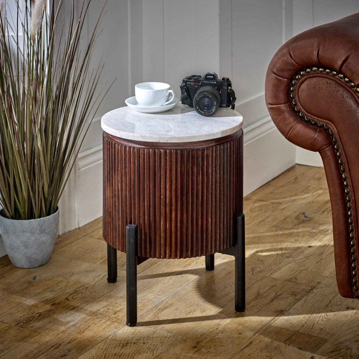 Opal Mango Wood side table with elegant marble top and metal legs