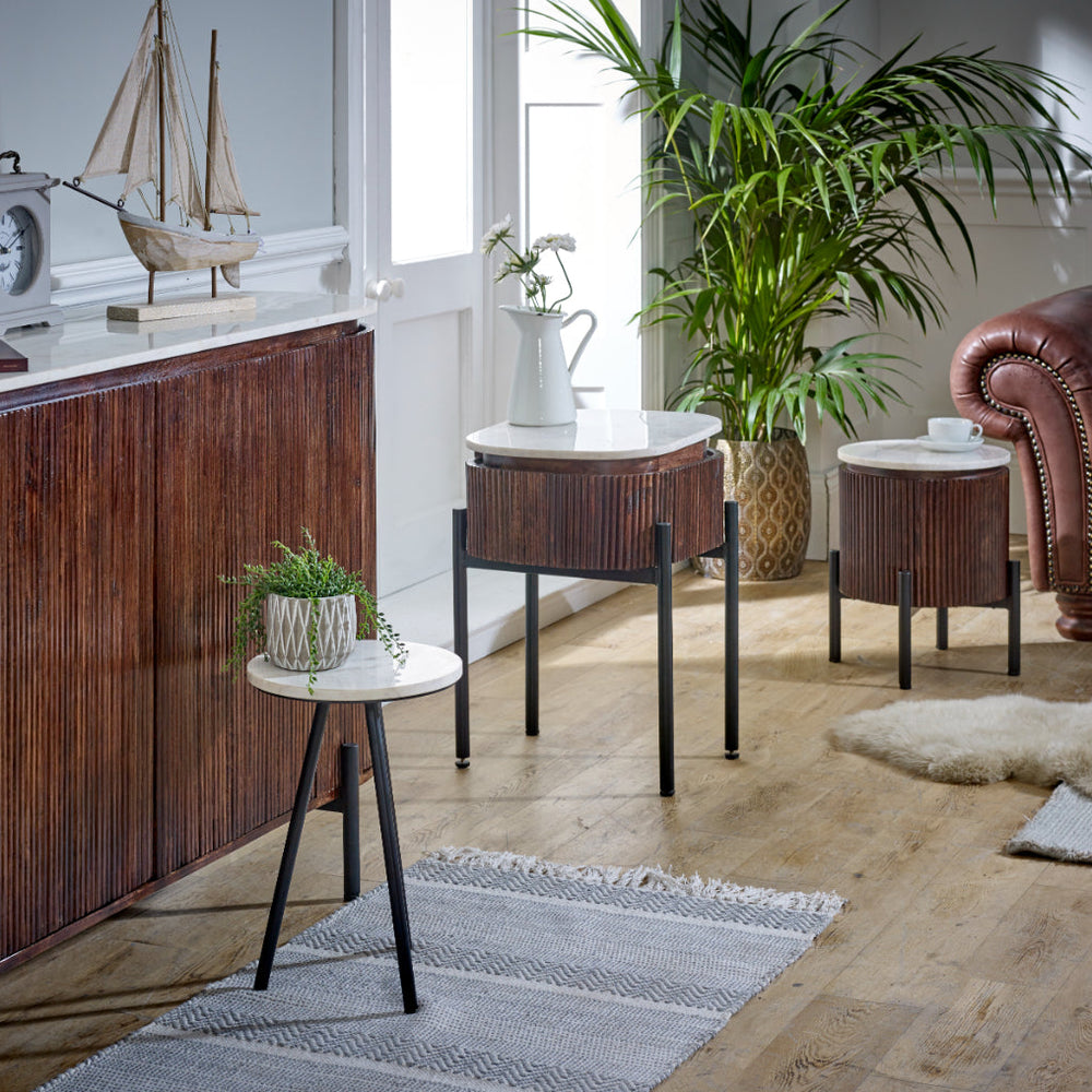 Opal Mango Wood side table with elegant marble top and metal legs