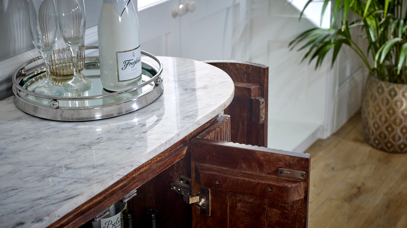 Opal solid wood sideboard with marble top and metal legs