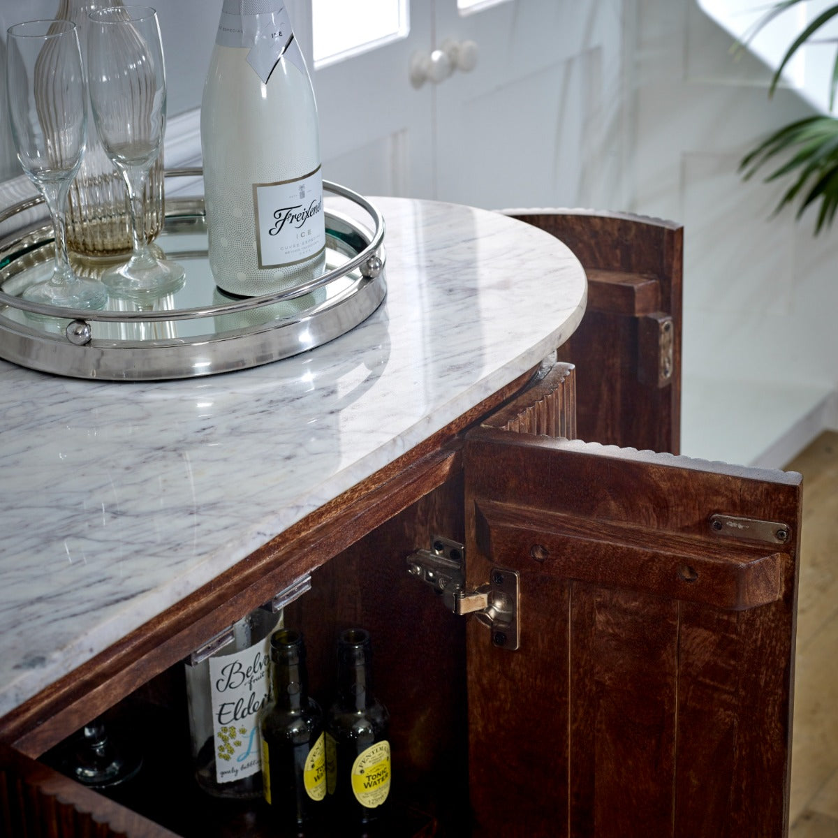 Opal solid wood sideboard with marble top and metal legs