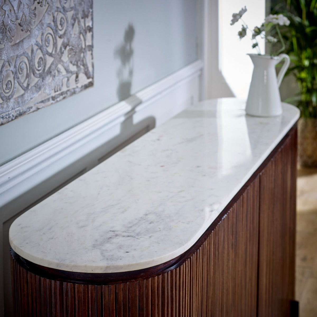 Opal mango wood sideboard with marble top and metal legs