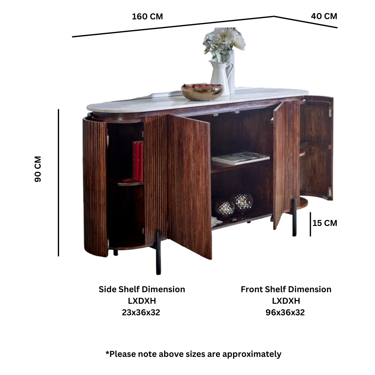 Opal mango wood sideboard with marble top and metal legs