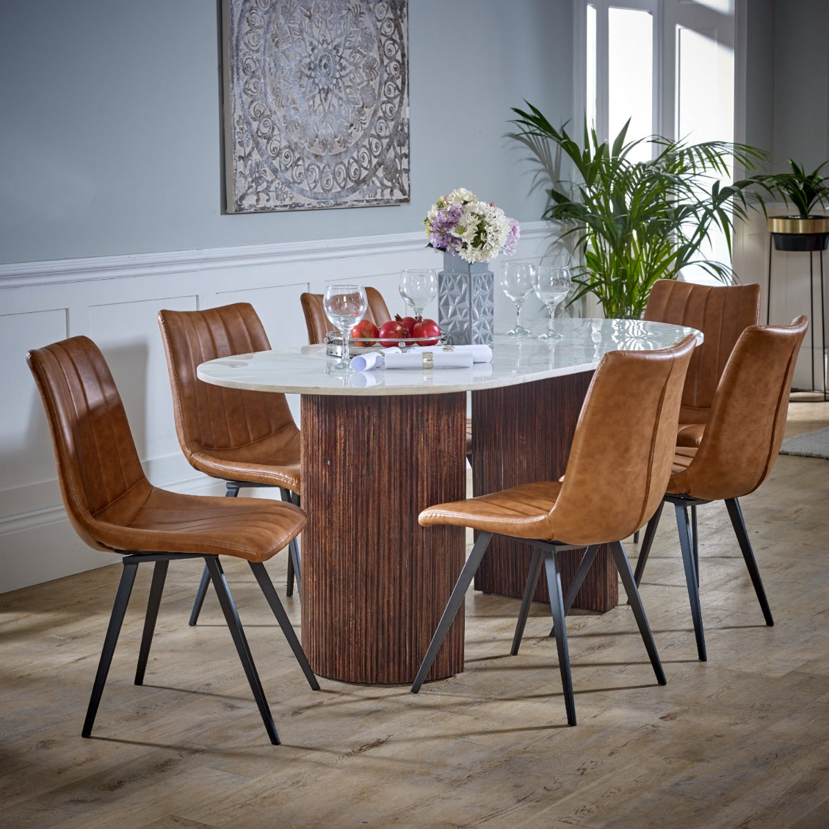 Opal mango wood dining table with a natural marble top