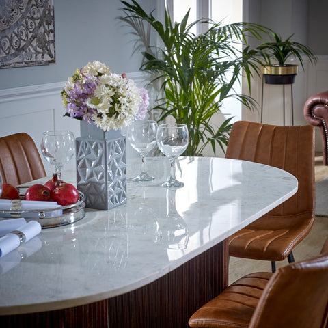 Opal mango wood dining table with a natural marble top