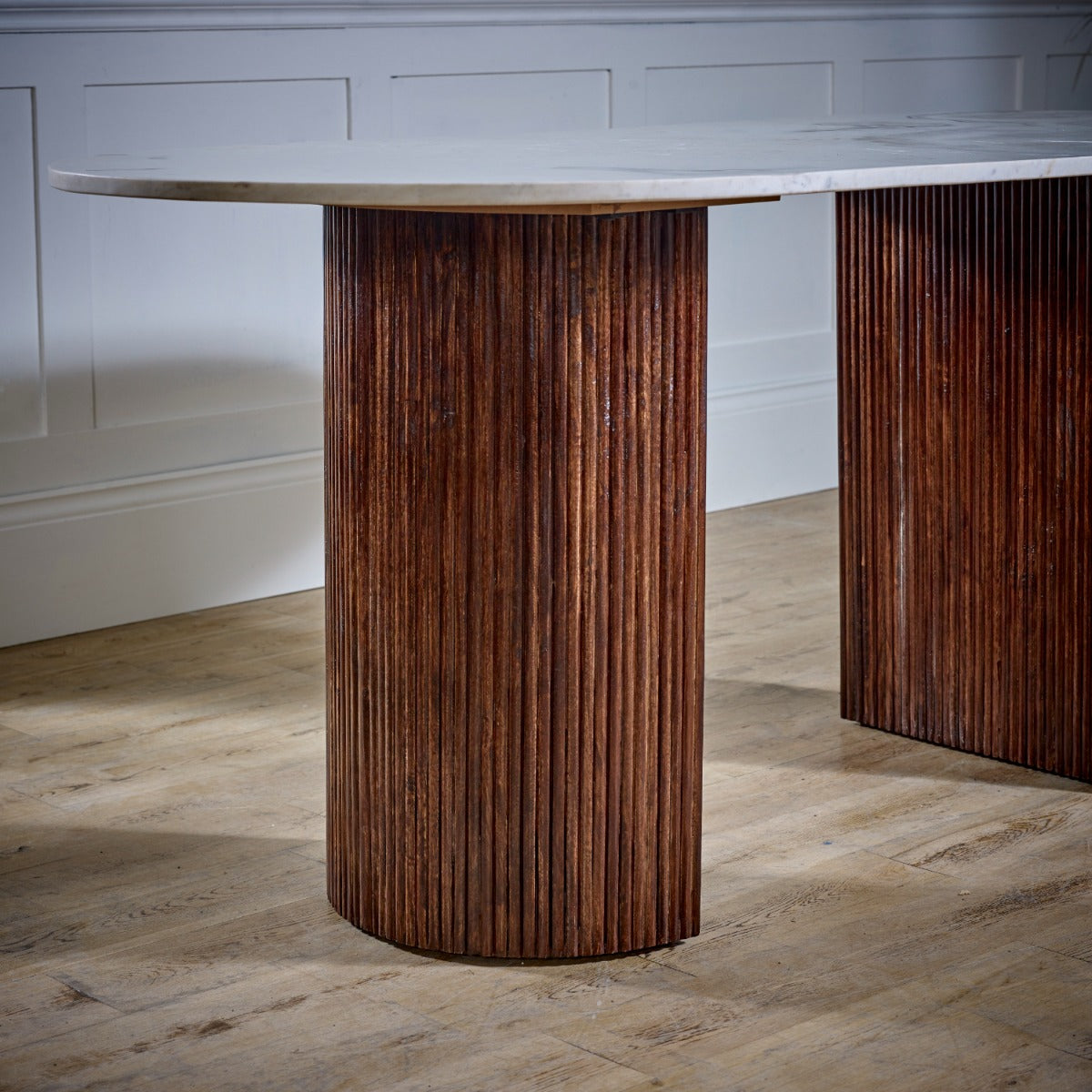 Opal mango wood dining table with a natural marble top