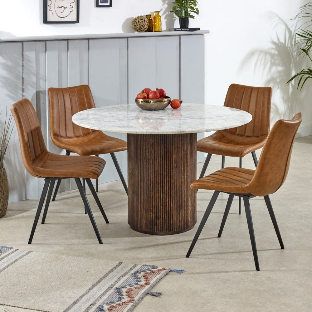 Round Opal dining table with mango wood pedestal and marble top
