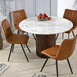 Round Opal dining table with mango wood pedestal and marble top