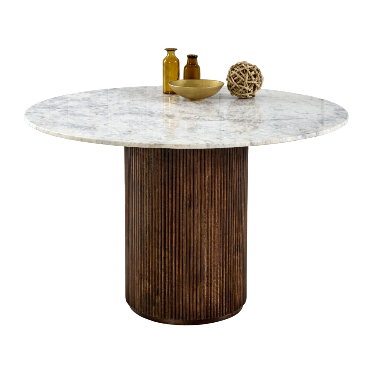 Round Opal dining table with mango wood pedestal and marble top