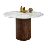 Round Opal dining table with mango wood pedestal and marble top